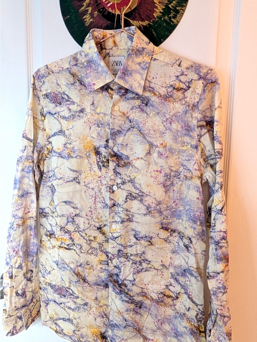 Zara Marble-Print Long Sleeve Shirt in Cream, Blue, Purple, Yellow